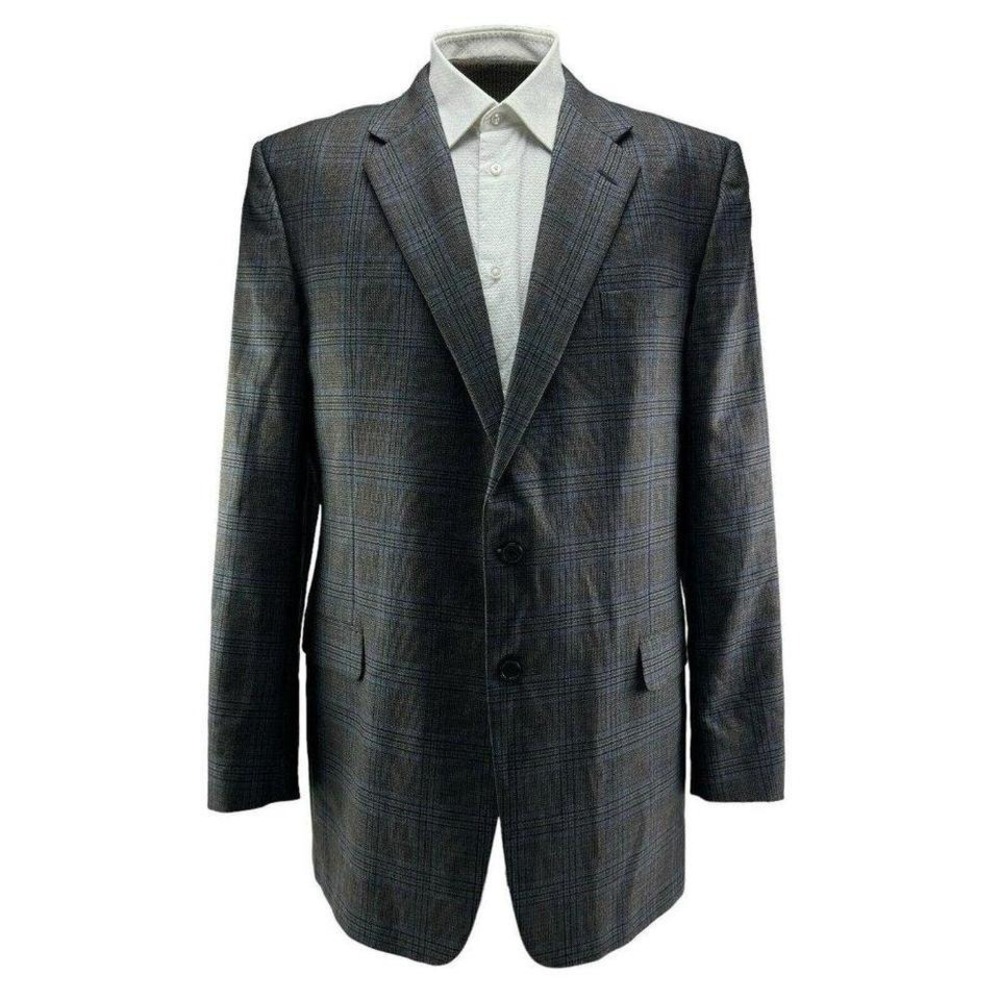 Hickey Freeman‎ Brown w/ Blue & Black Windowpane Check Wool Blazer Mens Size 46L